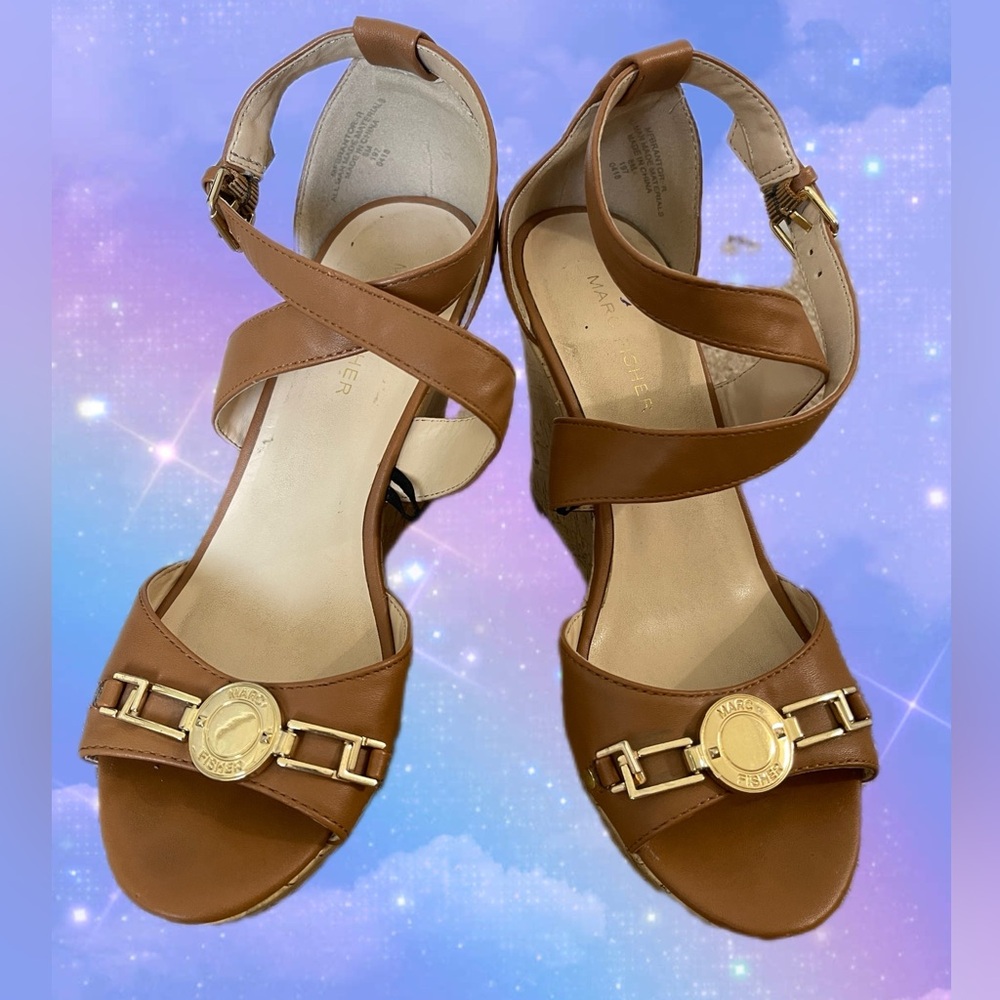 Mark Fisher Wedge‎ Sandals with Gold Color Accent  Size 8